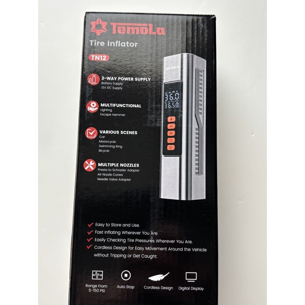 TEMOLA Portable Tire Inflator 150PSI Cordless Air Compressor Pump Car Auto LED